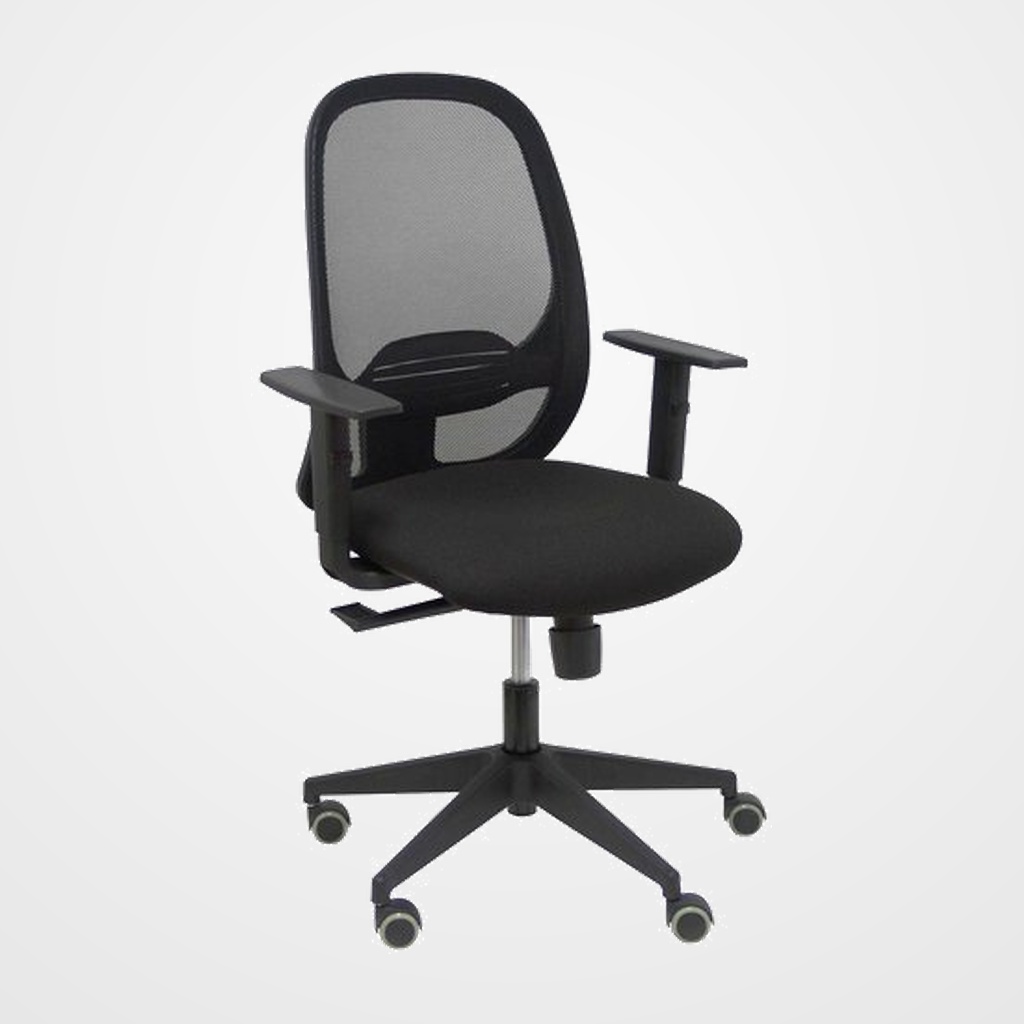 SILLA PIQUERAS Y CRESPO CILANCO NEGRA USO INTENSIVO BRAZOS REGULABLES MECANISMO SINCRO CON REGULADOR DE TENSION REFUERZO LUMBAR REGULABLE RUEDAS PARQUET RESPALDO DE MALLA NEGRA Y ASIENTO TAPIZADO BALI NEGRO