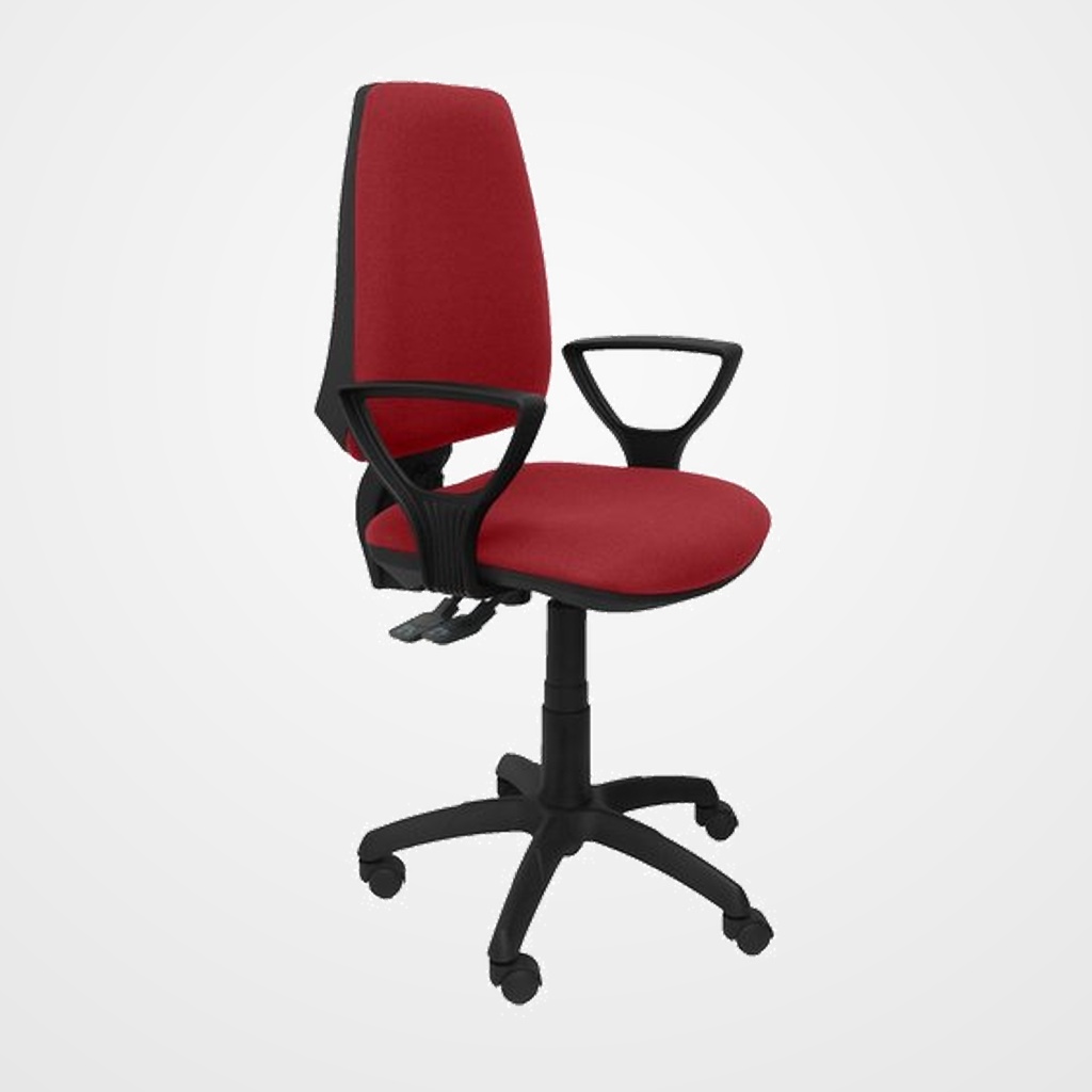 SILLA PIQUERAS Y CRESPO ELCHE S BRAZOS FIJOS MECANISMO SINCRO de DOBLE MANETA GRAN CONFORTABILIDAD REGULABLE EN ALTURA RUEDAS de NYLON ASIENTO Y RESPALDO TAPIZADO BALI GRANATE