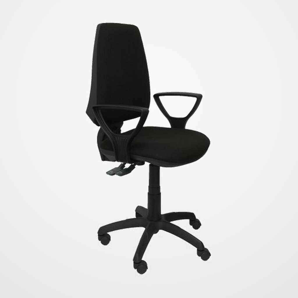 SILLA PIQUERAS Y CRESPO ELCHE S BRAZOS FIJOS MECANISMO SINCRO de DOBLE MANETA GRAN CONFORTABILIDAD REGULABLE EN ALTURA RUEDAS de NYLON ASIENTO Y RESPALDO TAPIZADO BALI NEGRO