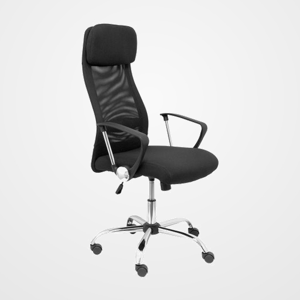 [24404589] SILLA PIQUERAS Y CRESPO ESTERAS DIRECCION BRAZOS FIJOS MECANISMO BASCULANTE CON REGULADOR DE TENSION GIRATORIA 360º MALLA TRANSPIRABLE CABECERO ASIENTO Y RESPALDO TAPIZADO NEGRA