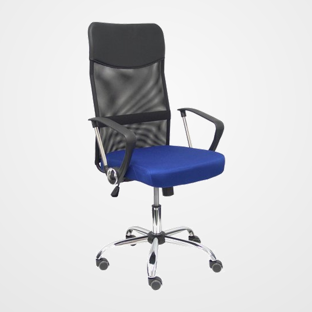 SILLA PIQUERAS Y CRESPO GONTAR DIRECCION BRAZOS FIJOS MECANISMO BASCULANTE REGULABLE EN ALTURA BASE CROMADA RUEDAS PARQUET RESPALDO MALLA TRANSPIRABLE NEGRA Y ASIENTO TAPIZADO MALLA AZUL