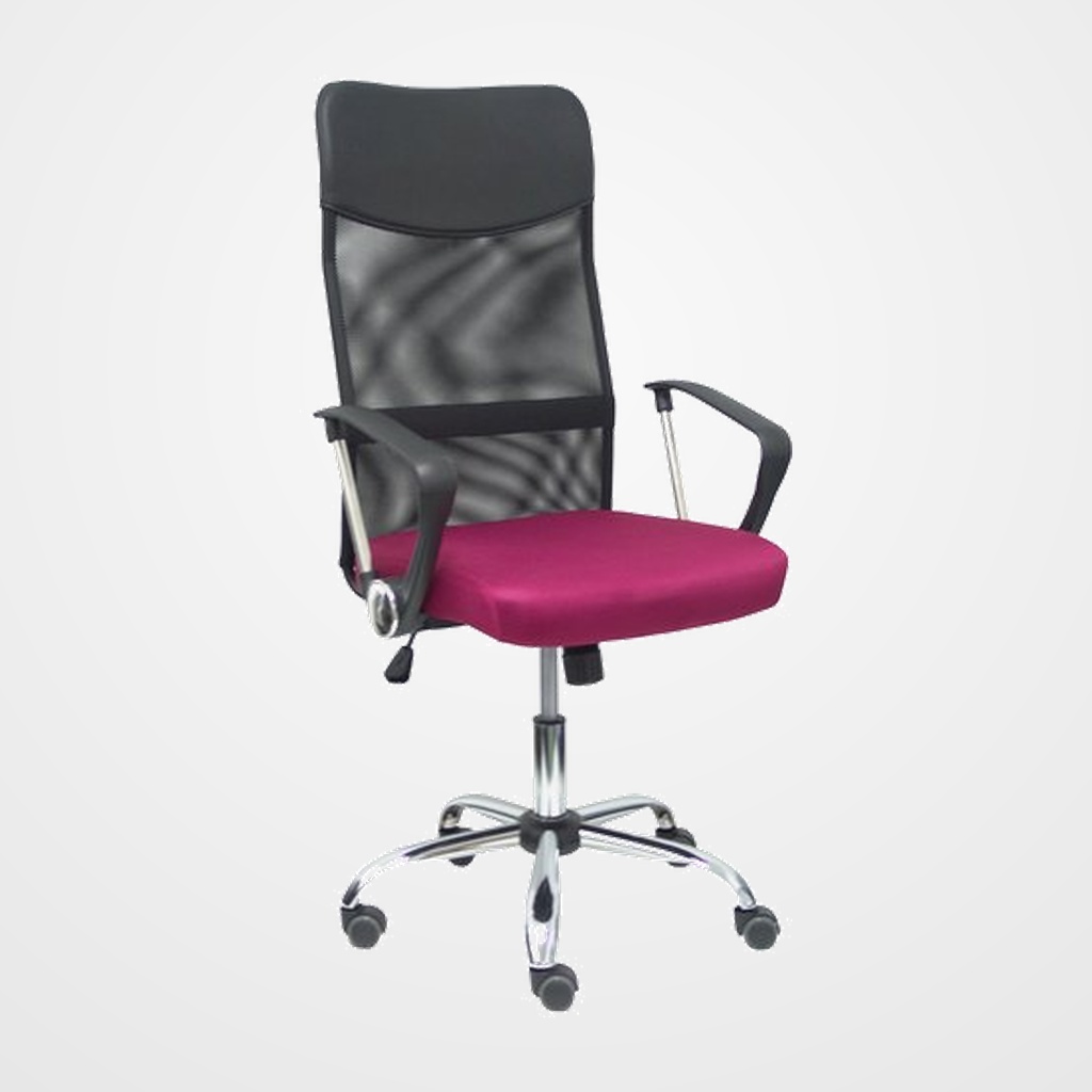 SILLA PIQUERAS Y CRESPO GONTAR DIRECCION BRAZOS FIJOS MECANISMO BASCULANTE REGULABLE EN ALTURA BASE CROMADA RUEDAS PARQUET RESPALDO MALLA TRANSPIRABLE NEGRA Y ASIENTO TAPIZADO MALLA GRANATE