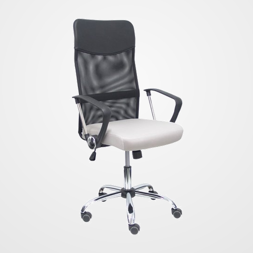 SILLA PIQUERAS Y CRESPO GONTAR DIRECCION BRAZOS FIJOS MECANISMO BASCULANTE REGULABLE EN ALTURA BASE CROMADA RUEDAS PARQUET RESPALDO MALLA TRANSPIRABLE NEGRA Y ASIENTO TAPIZADO MALLA GRIS CLARO