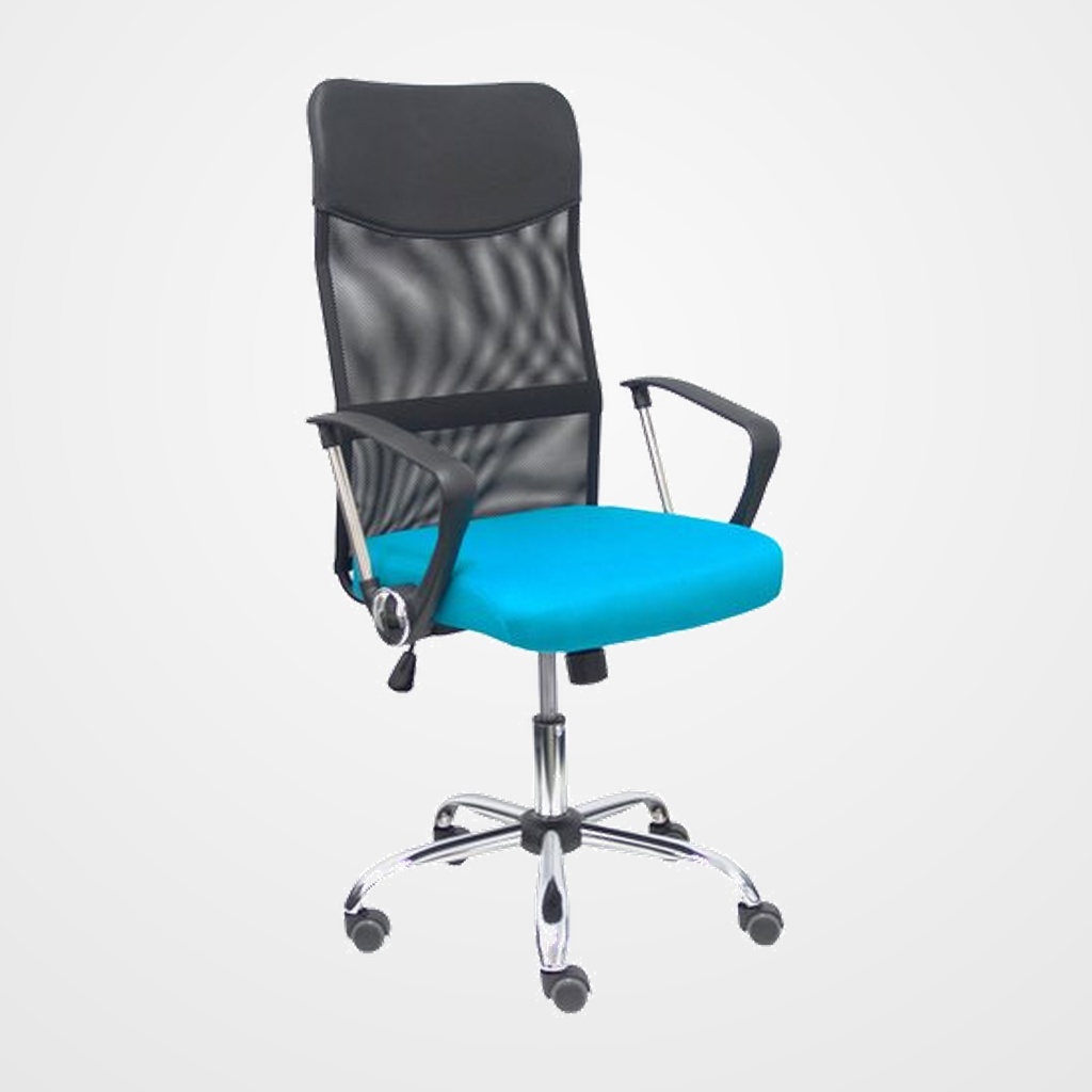 SILLA PIQUERAS Y CRESPO GONTAR DIRECCION BRAZOS FIJOS MECANISMO BASCULANTE REGULABLE EN ALTURA BASE CROMADA RUEDAS PARQUET RESPALDO MALLA TRANSPIRABLE NEGRA Y ASIENTO TAPIZADO MALLA TURQUESA