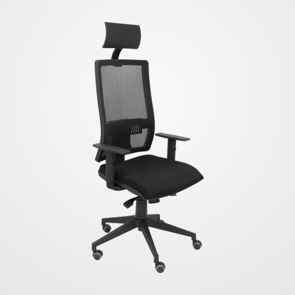 SILLA PIQUERAS Y CRESPO HORNA BRAZOS REGULABLES CABECERO INCLUIDO MECANISMO SINCRO APOYO LUMBAR RESPALDO MALLA TRANSPIRABLE Y ASIENTO TAPIZADO BALI NEGRO