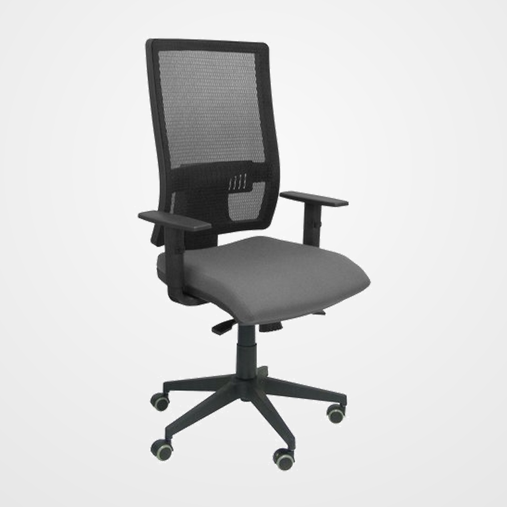 SILLA PIQUERAS Y CRESPO HORNA BRAZOS REGULABLES MECANISMO SINCRO ALTURA Y APOYO LUMBAR REGULABLE RUEDA PARQUET RESPALDO MALLA NEGRA TRANSPIRABLE Y ASIENTO TAPIZADO BALI GRIS OSCURO