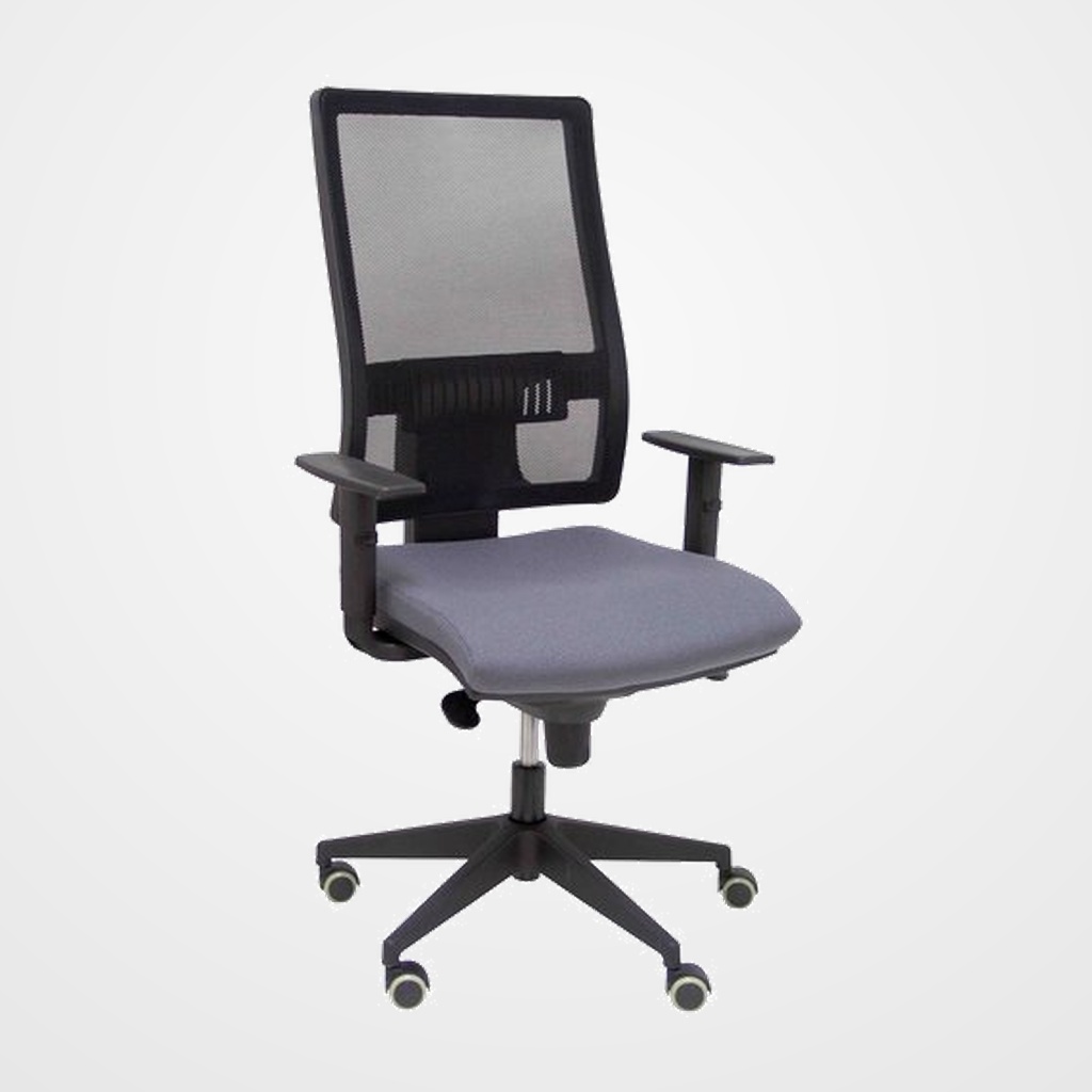 SILLA PIQUERAS Y CRESPO HORNA BRAZOS REGULABLES MECANISMO SINCRO ALTURA Y APOYO LUMBAR REGULABLE RUEDA PARQUET RESPALDO MALLA NEGRA TRANSPIRABLE Y ASIENTO TAPIZADO BALI GRIS OSCURO