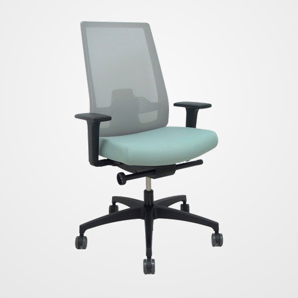 SILLA PIQUERAS Y CRESPO INDEED BRAZOS 2D APOYO LUMBAR REGULABLE RUEDAS NYLON de 60 RESPALDO DE MALLA GRIS Y ASIENTO TAPIZADO VERDE CLARO