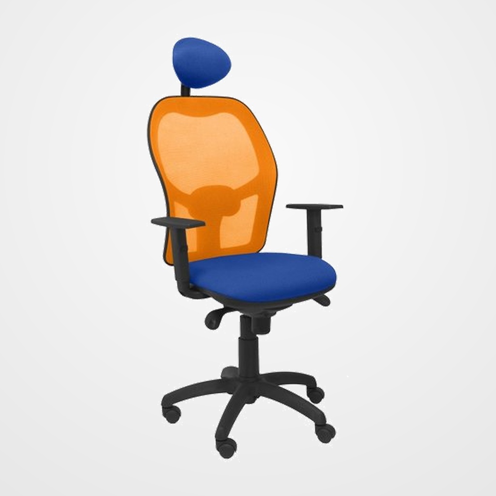SILLA PIQUERAS Y CRESPO JORQUERA BRAZOS REGULABLES CABECERO FIJO MECANISMO SINCRO CON REGULADOR DE TENSION RESPALDO DE MALLA NARANJA Y ASIENTO TAPIZADO BALI AZUL