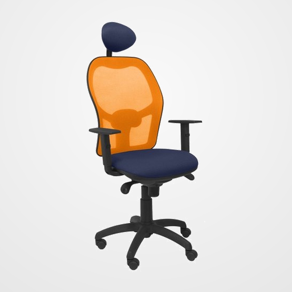 SILLA PIQUERAS Y CRESPO JORQUERA BRAZOS REGULABLES CABECERO FIJO MECANISMO SINCRO CON REGULADOR DE TENSION RESPALDO DE MALLA NARANJA Y ASIENTO TAPIZADO BALI AZUL MARINO