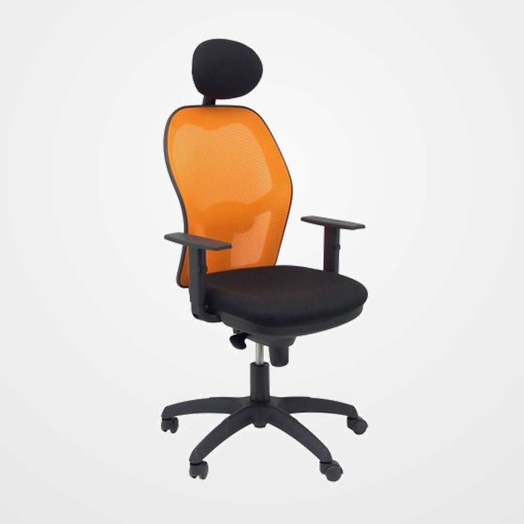 SILLA PIQUERAS Y CRESPO JORQUERA BRAZOS REGULABLES CABECERO FIJO MECANISMO SINCRO CON REGULADOR DE TENSION RESPALDO DE MALLA NARANJA Y ASIENTO TAPIZADO BALI NEGRO