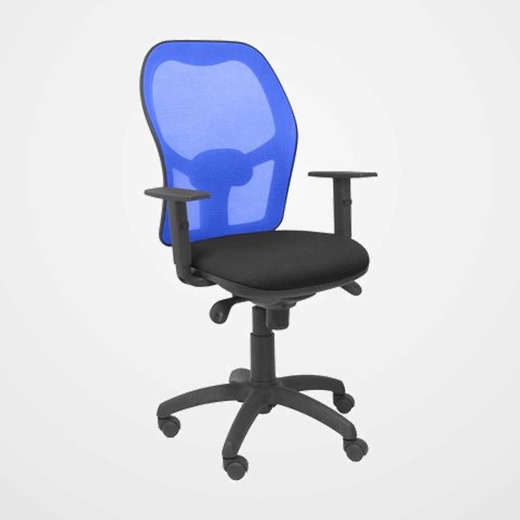 SILLA PIQUERAS Y CRESPO JORQUERA BRAZOS REGULABLES MECANISMO SINCRO CON REGULADOR DE TENSION RESPALDO DE MALLA AZUL Y ASIENTO TAPIZADO BALI NEGRO