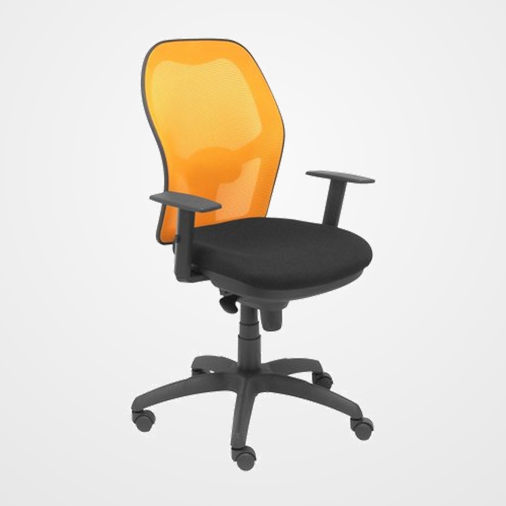 SILLA PIQUERAS Y CRESPO JORQUERA BRAZOS REGULABLES MECANISMO SINCRO CON REGULADOR DE TENSION RESPALDO DE MALLA NARANJA Y ASIENTO TAPIZADO BALI NEGRO