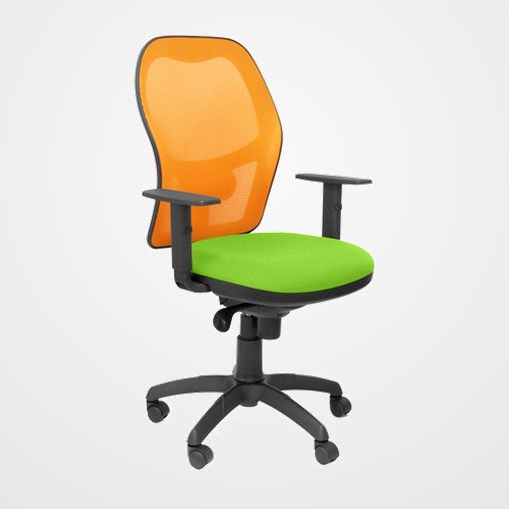 SILLA PIQUERAS Y CRESPO JORQUERA BRAZOS REGULABLES MECANISMO SINCRO CON REGULADOR DE TENSION RESPALDO DE MALLA NARANJA Y ASIENTO TAPIZADO BALI VERDE PISTACHO