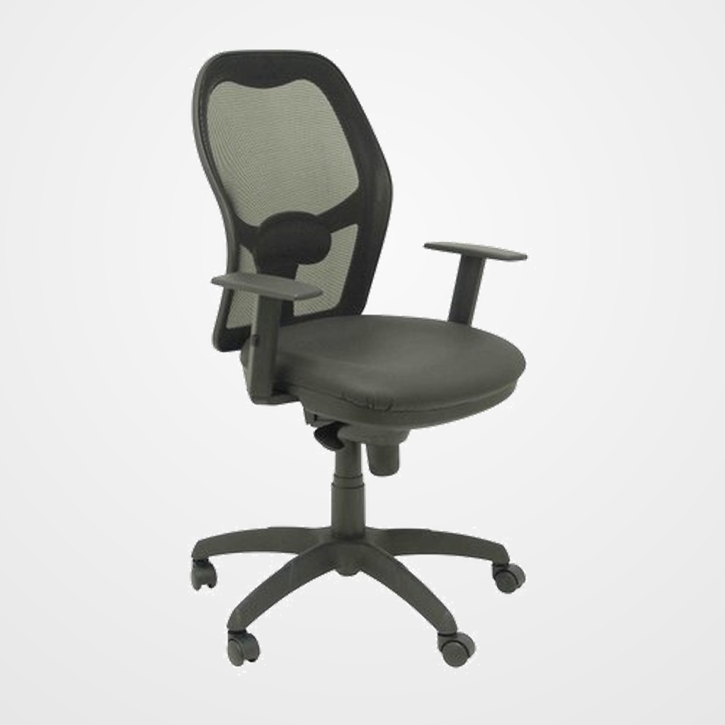 SILLA PIQUERAS Y CRESPO JORQUERA BRAZOS REGULABLES MECANISMO SINCRO CON REGULADOR DE TENSION RESPALDO DE MALLA NEGRA Y ASIENTO TAPIZADO SIMILPIEL NEGRO