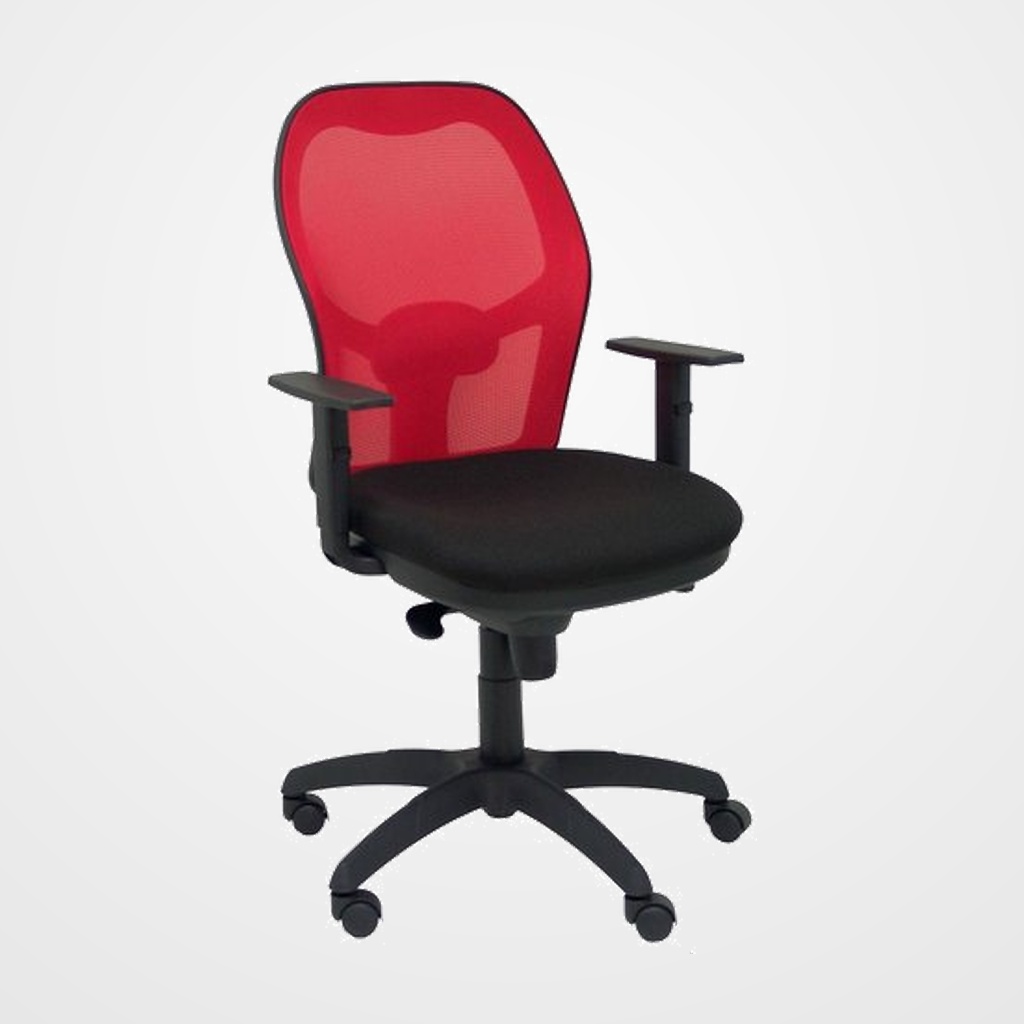 SILLA PIQUERAS Y CRESPO JORQUERA BRAZOS REGULABLES MECANISMO SINCRO CON REGULADOR DE TENSION RESPALDO DE MALLA ROJA Y ASIENTO TAPIZADO BALI NEGRO