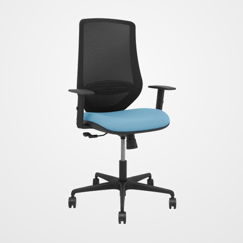 SILLA PIQUERAS Y CRESPO MARDOS BRAZOS REGULABLES ERGONOMICA MECANISMO BASCULANTE RESPALDO MALLA NEGRA ASIENTO TAPIZADO BALI AZUL CIELO