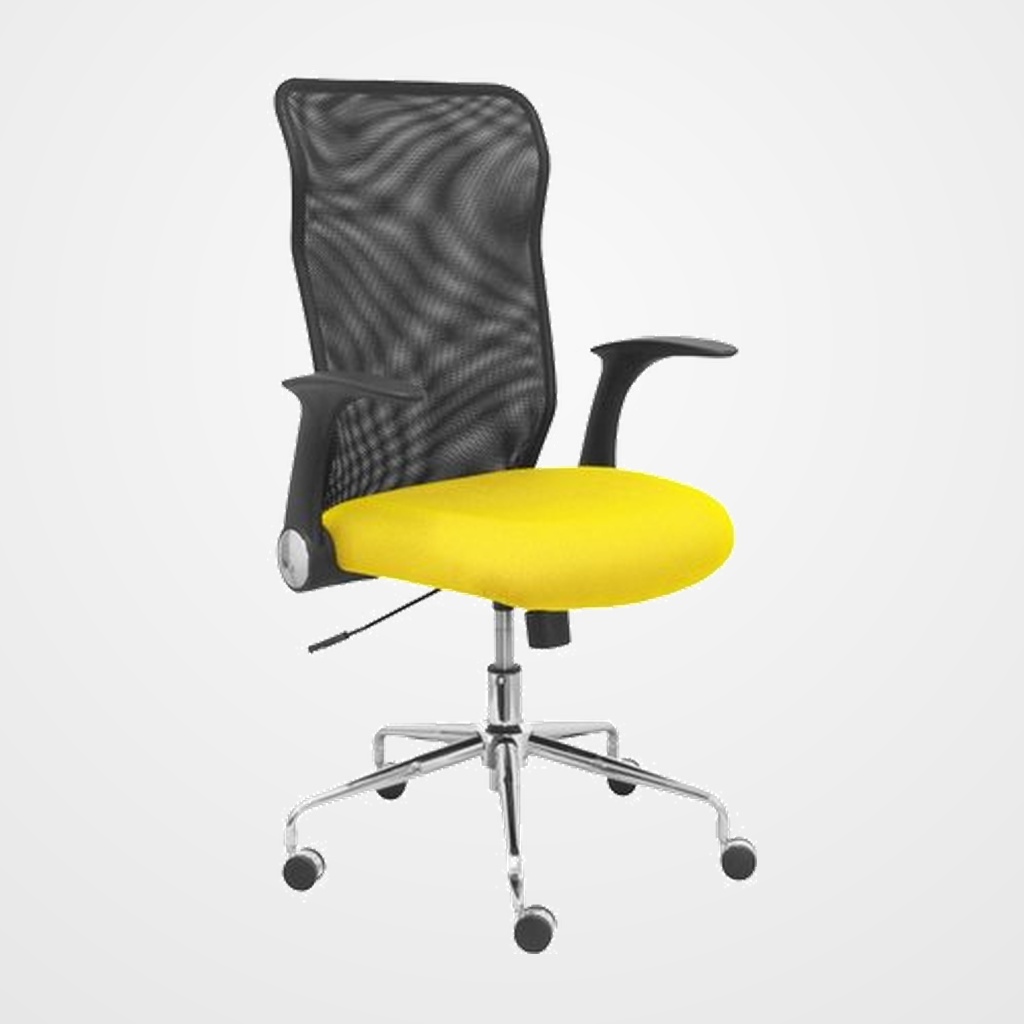 SILLA PIQUERAS Y CRESPO MINAYA BRAZOS RETRACTILES MECANISMO BASCULANTE ERGONOMICA RESPALDO MALLA TRANSPIRABLE NEGRA ASIENTO TAPIZADO BALI AMARILLO