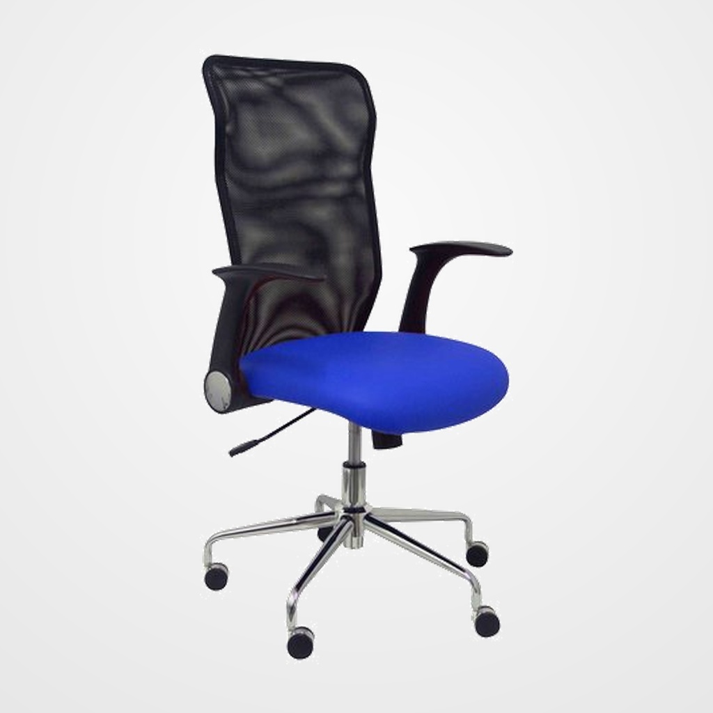 SILLA PIQUERAS Y CRESPO MINAYA BRAZOS RETRACTILES MECANISMO BASCULANTE ERGONOMICA RESPALDO MALLA TRANSPIRABLE NEGRA ASIENTO TAPIZADO SIMILPIEL AZUL
