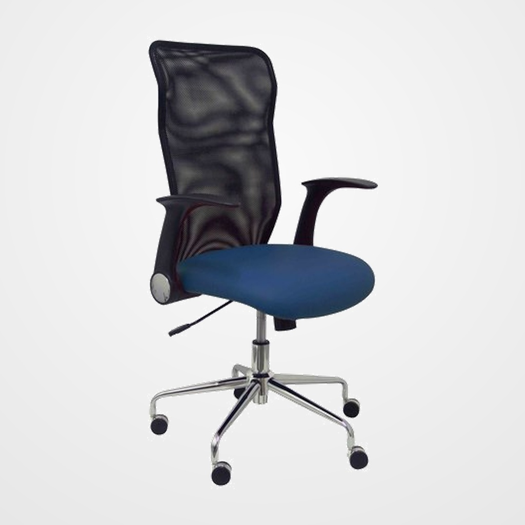 SILLA PIQUERAS Y CRESPO MINAYA BRAZOS RETRACTILES MECANISMO BASCULANTE ERGONOMICA RESPALDO MALLA TRANSPIRABLE NEGRA ASIENTO TAPIZADO SIMILPIEL AZUL MARINO
