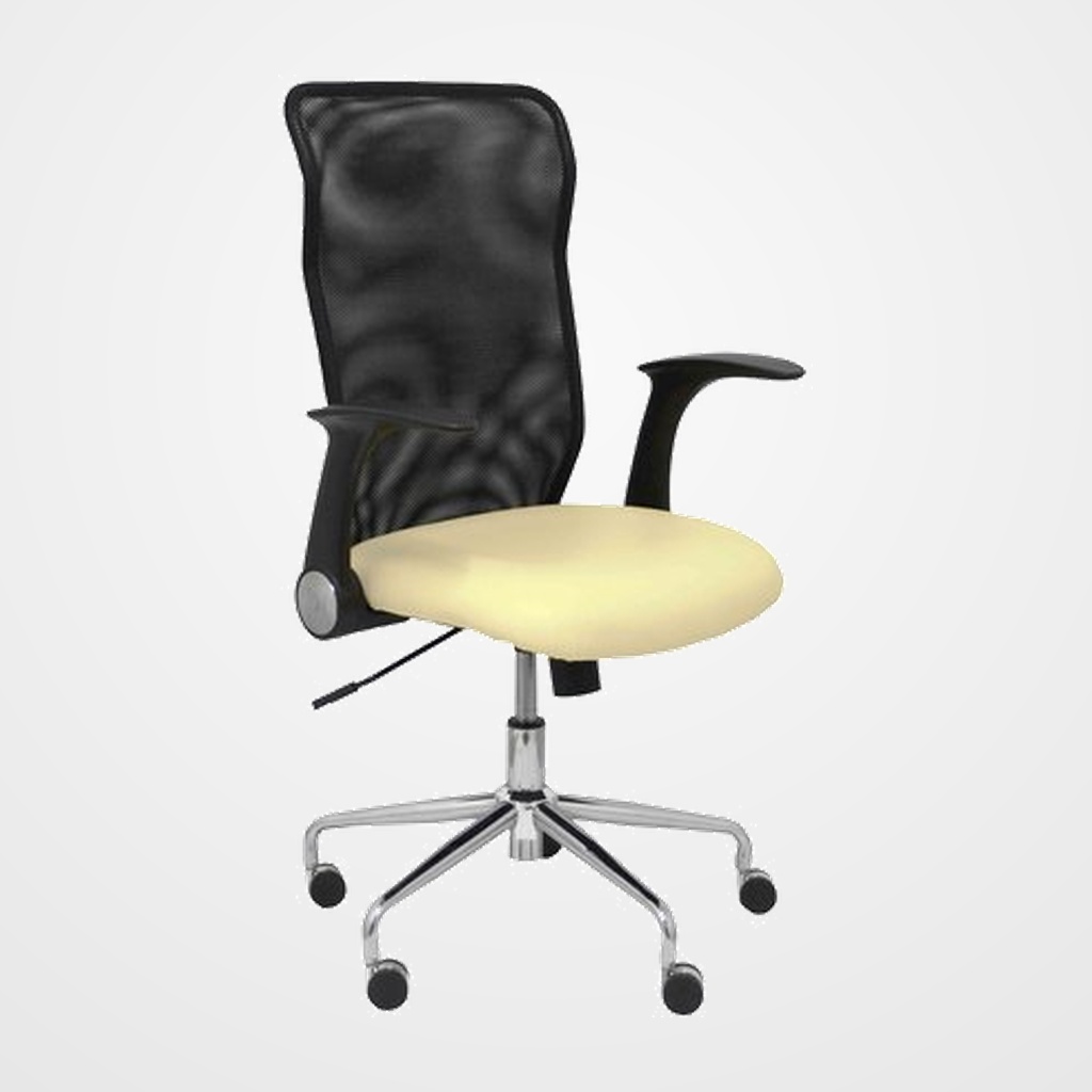 SILLA PIQUERAS Y CRESPO MINAYA BRAZOS RETRACTILES MECANISMO BASCULANTE ERGONOMICA RESPALDO MALLA TRANSPIRABLE NEGRA ASIENTO TAPIZADO SIMILPIEL CREMA