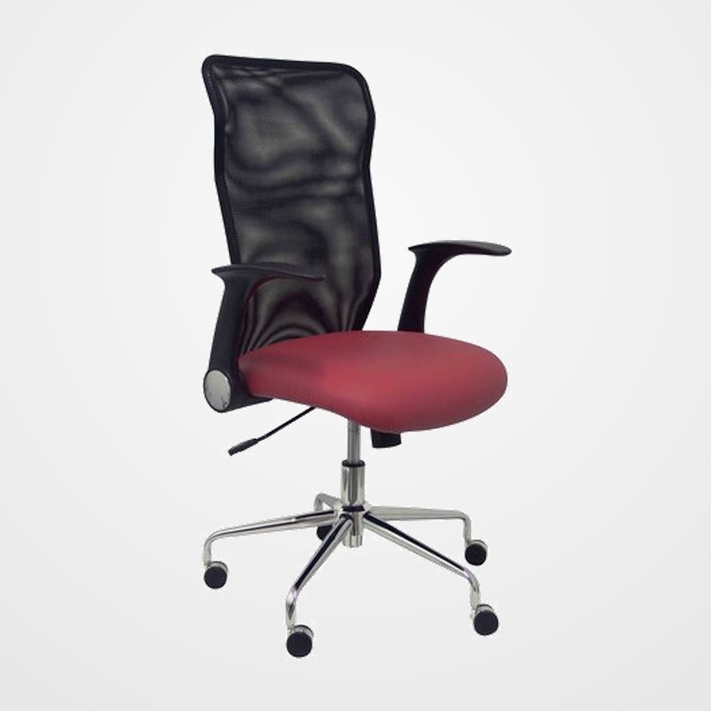 SILLA PIQUERAS Y CRESPO MINAYA BRAZOS RETRACTILES MECANISMO BASCULANTE ERGONOMICA RESPALDO MALLA TRANSPIRABLE NEGRA ASIENTO TAPIZADO SIMILPIEL GRANATE