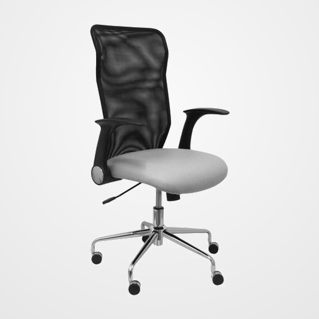 SILLA PIQUERAS Y CRESPO MINAYA BRAZOS RETRACTILES MECANISMO BASCULANTE ERGONOMICA RESPALDO MALLA TRANSPIRABLE NEGRA ASIENTO TAPIZADO SIMILPIEL GRIS CLARO