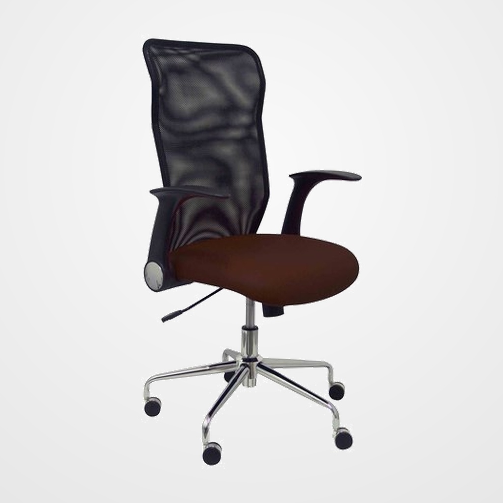 SILLA PIQUERAS Y CRESPO MINAYA BRAZOS RETRACTILES MECANISMO BASCULANTE ERGONOMICA RESPALDO MALLA TRANSPIRABLE NEGRA ASIENTO TAPIZADO SIMILPIEL MARRON