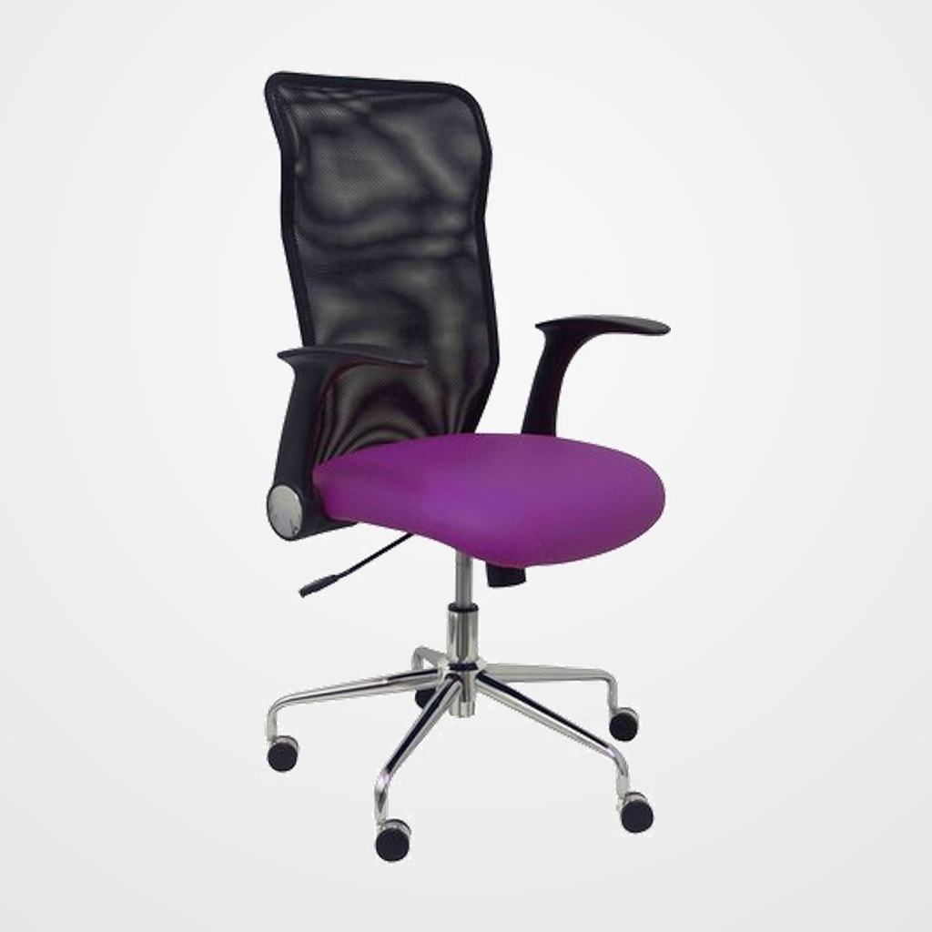 SILLA PIQUERAS Y CRESPO MINAYA BRAZOS RETRACTILES MECANISMO BASCULANTE ERGONOMICA RESPALDO MALLA TRANSPIRABLE NEGRA ASIENTO TAPIZADO SIMILPIEL MORADO