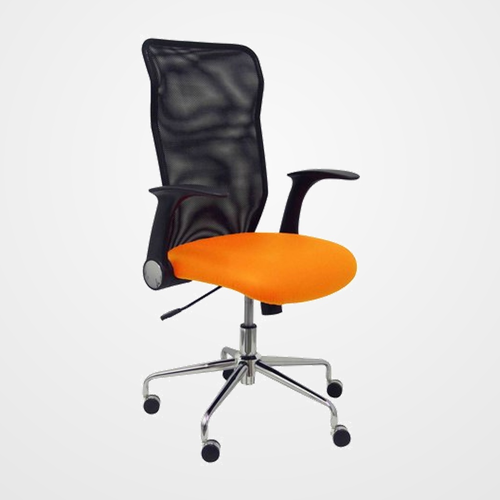 SILLA PIQUERAS Y CRESPO MINAYA BRAZOS RETRACTILES MECANISMO BASCULANTE ERGONOMICA RESPALDO MALLA TRANSPIRABLE NEGRA ASIENTO TAPIZADO SIMILPIEL NARANJA