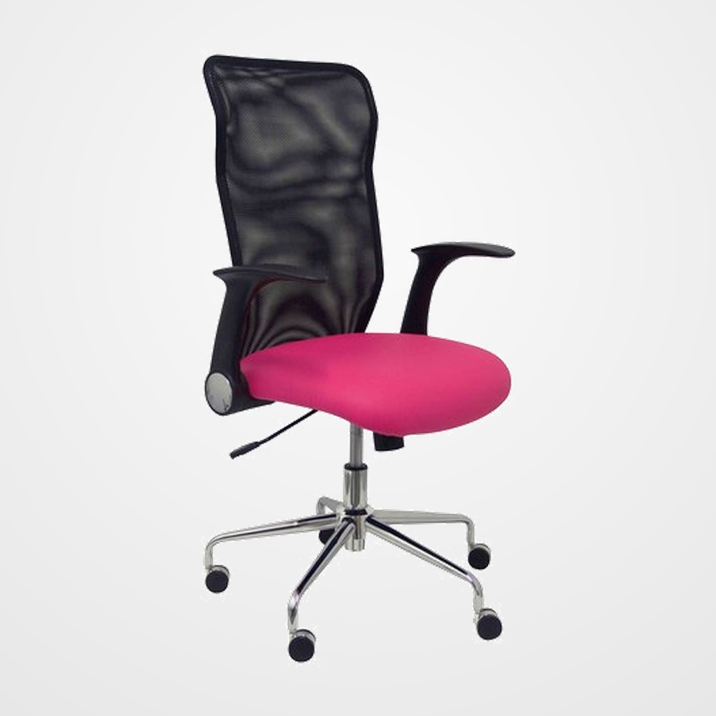 SILLA PIQUERAS Y CRESPO MINAYA BRAZOS RETRACTILES MECANISMO BASCULANTE ERGONOMICA RESPALDO MALLA TRANSPIRABLE NEGRA ASIENTO TAPIZADO SIMILPIEL ROSA