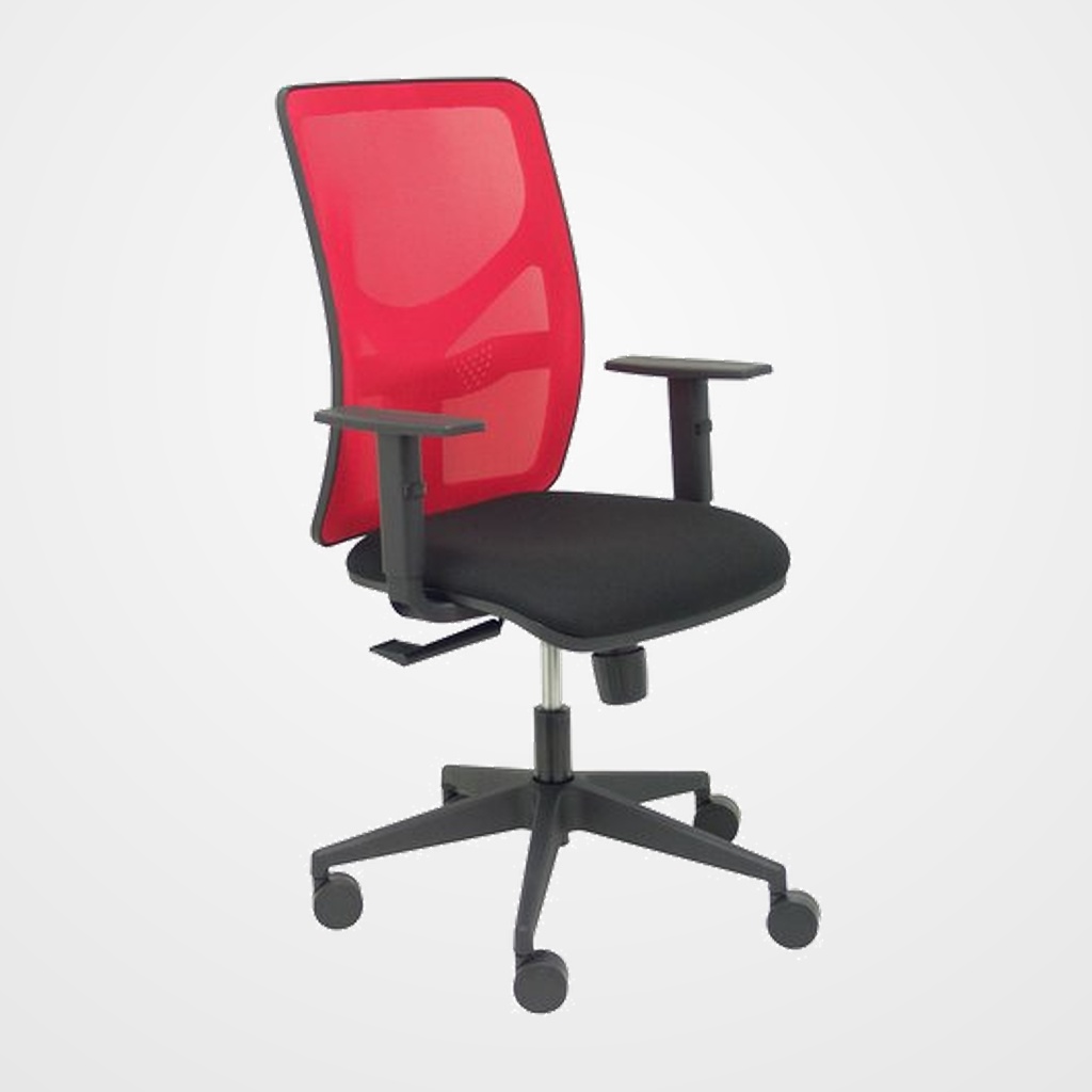 SILLA PIQUERAS Y CRESPO MOTILLA BRAZOS REGULABLES MECANISMO SINCRO CON REGULADOR DE TENSION REFUEZO LUMBAR RESPALDO DE MALLA ROJO Y ASIENTO TAPIZADO BALI NEGRO