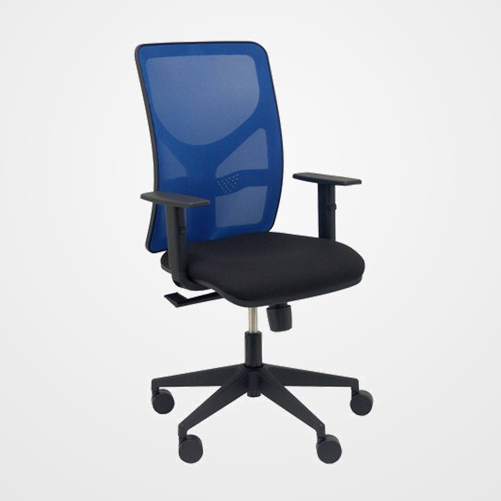 SILLA PIQUERAS Y CRESPO MOTILLA BRAZOS REGULABLES MECANISMO SINCRO CON REGULADOR DE TENSION RESPALDO DE MALLA AZUL Y ASIENTO TAPIZADO BALI NEGRO