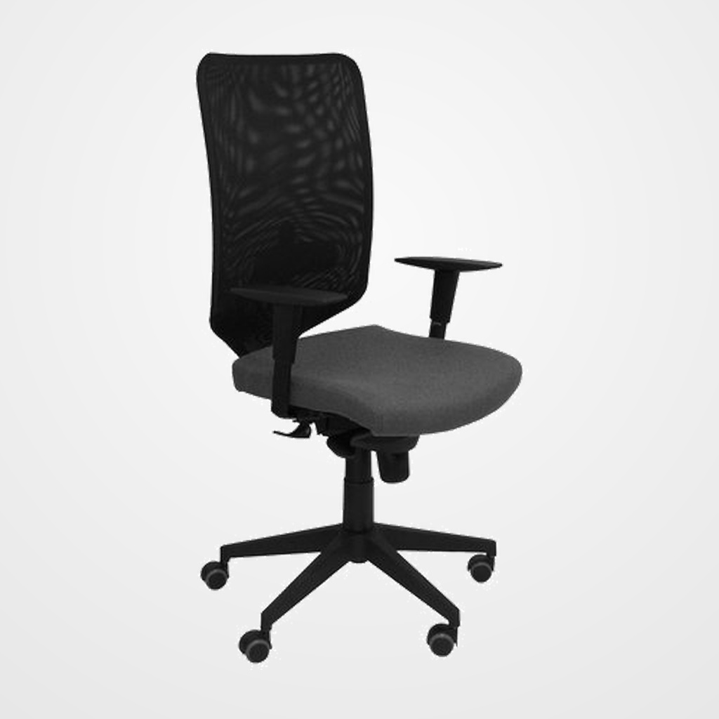 SILLA PIQUERAS Y CRESPO OSSA NEGRA USO INTENSIVO MECANISMO SINCRO REGULABLE EN ALTURA RESPALDO MALLA NEGRA REFUERZO LUMBAR BRAZOS REGULABLES 3D ASIENTO TAPIZADO BALI GRIS OSCURO
