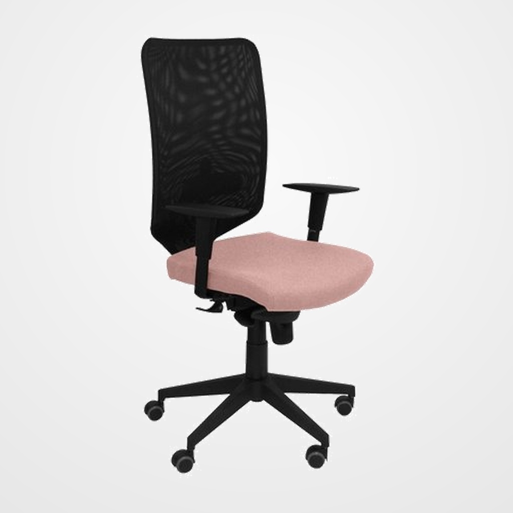 SILLA PIQUERAS Y CRESPO OSSA NEGRA USO INTENSIVO MECANISMO SINCRO REGULABLE EN ALTURA RESPALDO MALLA NEGRA REFUERZO LUMBAR BRAZOS REGULABLES 3D ASIENTO TAPIZADO BALI ROSA PALIDO