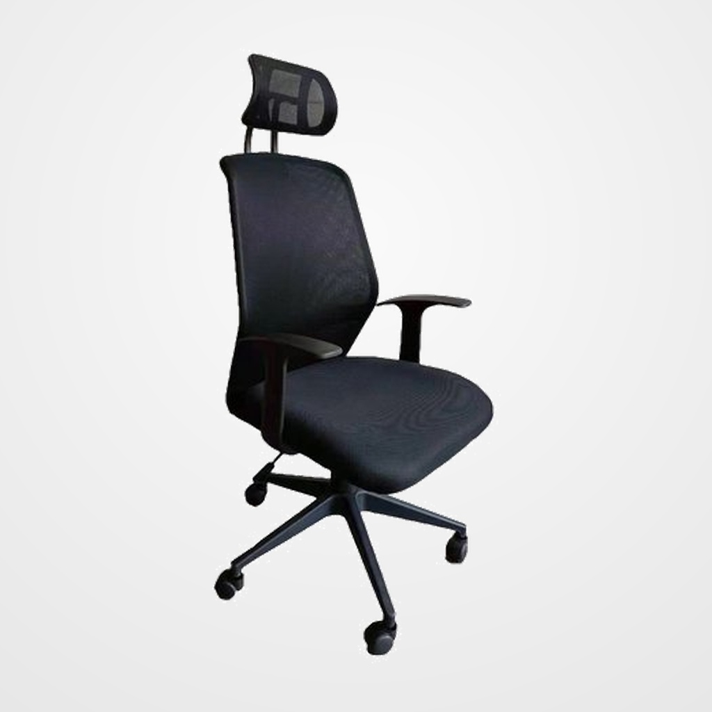 SILLA PIQUERAS Y CRESPO PAROLIS GIRATORIA ERGONOMICA BRAZOS FIJOS CABECERO INCLUIDO REGULABLE EN ALTURA  MECANISMO BASCULANTE RUEDAS NYLON RESPALDO MALLA TRANSPIRABLE NEGRO Y ASIENTO TAPIZADO 3D NEGRO
