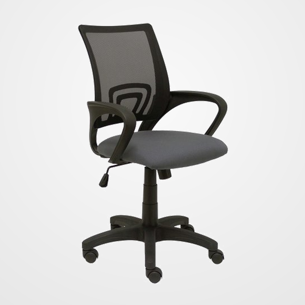 SILLA PIQUERAS Y CRESPO VIANOS BRAZOS FIJOS MECANISMO BASCULANTE CON REGULADOR DE PRESION ELEVACION DEL ASIENTO EN ALTURA RUEDAS NYLON RESPALDO MALLA TRANSPIRABLE NEGRA Y TAPIZADO BALI GRIS OSCURO