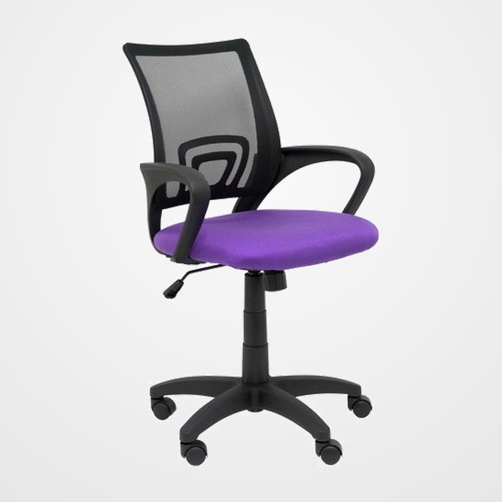 SILLA PIQUERAS Y CRESPO VIANOS BRAZOS FIJOS MECANISMO BASCULANTE CON REGULADOR DE PRESION ELEVACION DEL ASIENTO EN ALTURA RUEDAS NYLON RESPALDO MALLA TRANSPIRABLE NEGRA Y TAPIZADO BALI LILA