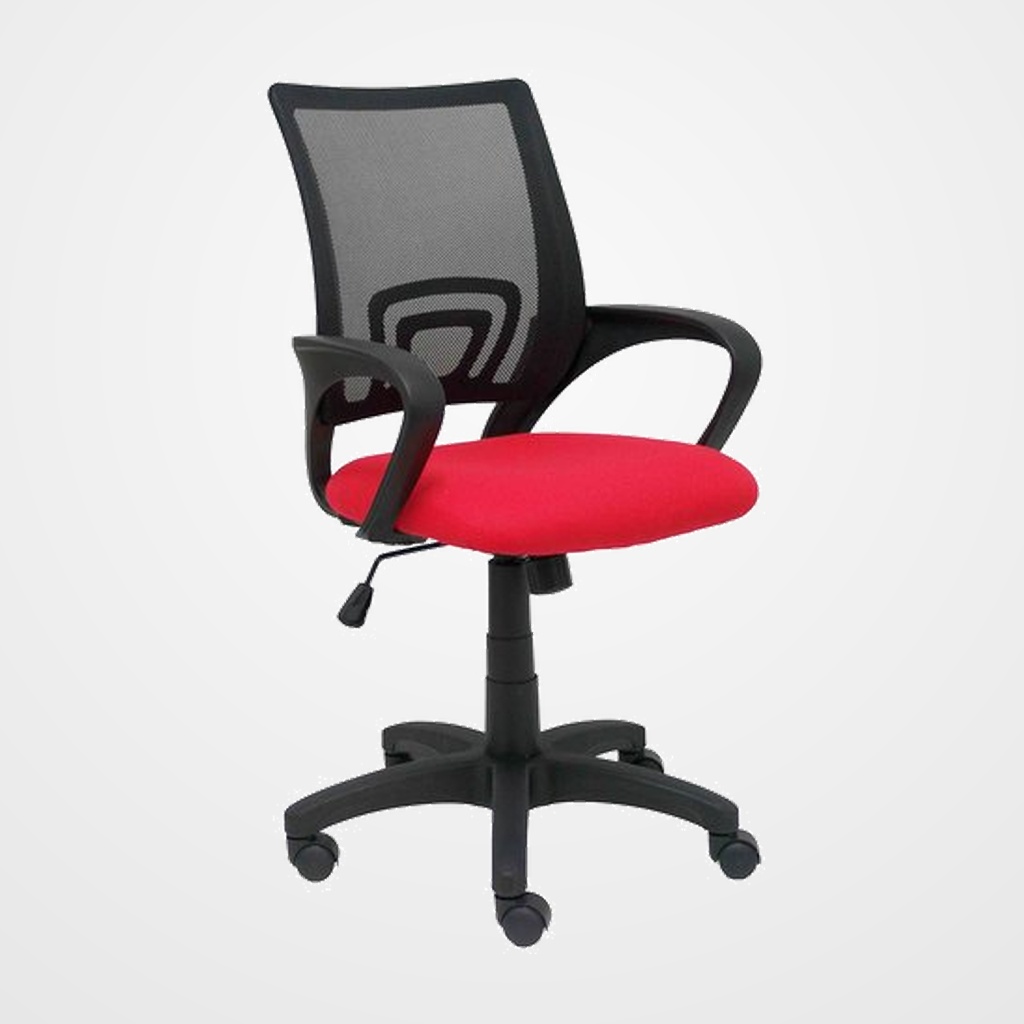 SILLA PIQUERAS Y CRESPO VIANOS BRAZOS FIJOS MECANISMO BASCULANTE CON REGULADOR DE PRESION ELEVACION DEL ASIENTO EN ALTURA RUEDAS NYLON RESPALDO MALLA TRANSPIRABLE NEGRA Y TAPIZADO BALI ROJO