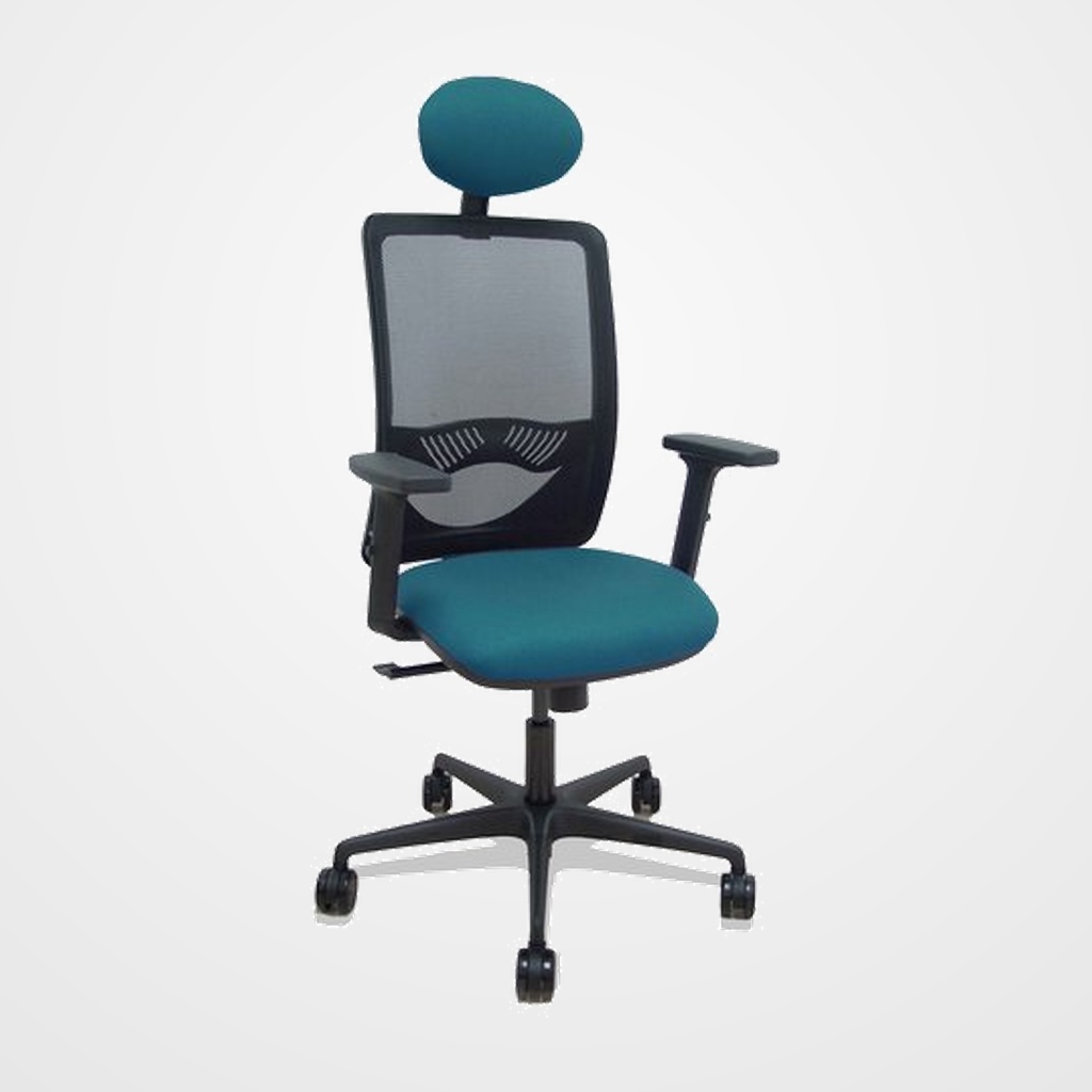 SILLA PIQUERAS Y CRESPO ZULEMA BRAZOS 2D Y APOYO LUMBAR REGULABLES CABECERO FIJO MECANISMO SINCRO RUEDAS NYLON de 65 RESPALDO DE MALLA NEGRA Y ASIENTO TAPIZADO BALI VERDE PETROLEO