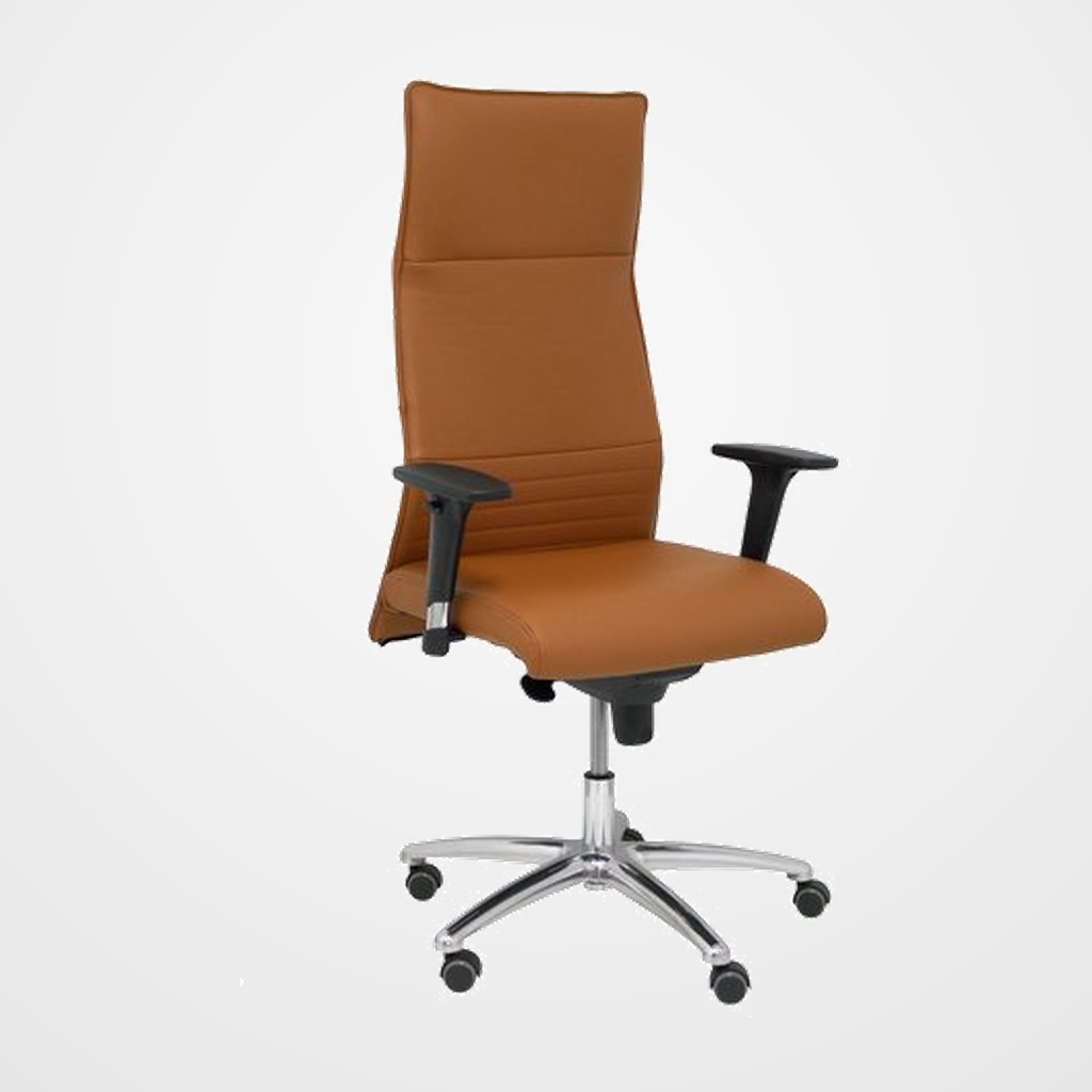 SILLON PIQUERAS Y CRESPO ALBACETE DIRECCION USO INTENSIVO (8H) BRAZOS REGULABLES MECANISMO SINCRO MULTIPOSICION ALTURA REGULABLE BASE CROMADA RUEDAS PARQUET ASIENTO Y RESPALDO TAPIZADO PIEL MARRON
