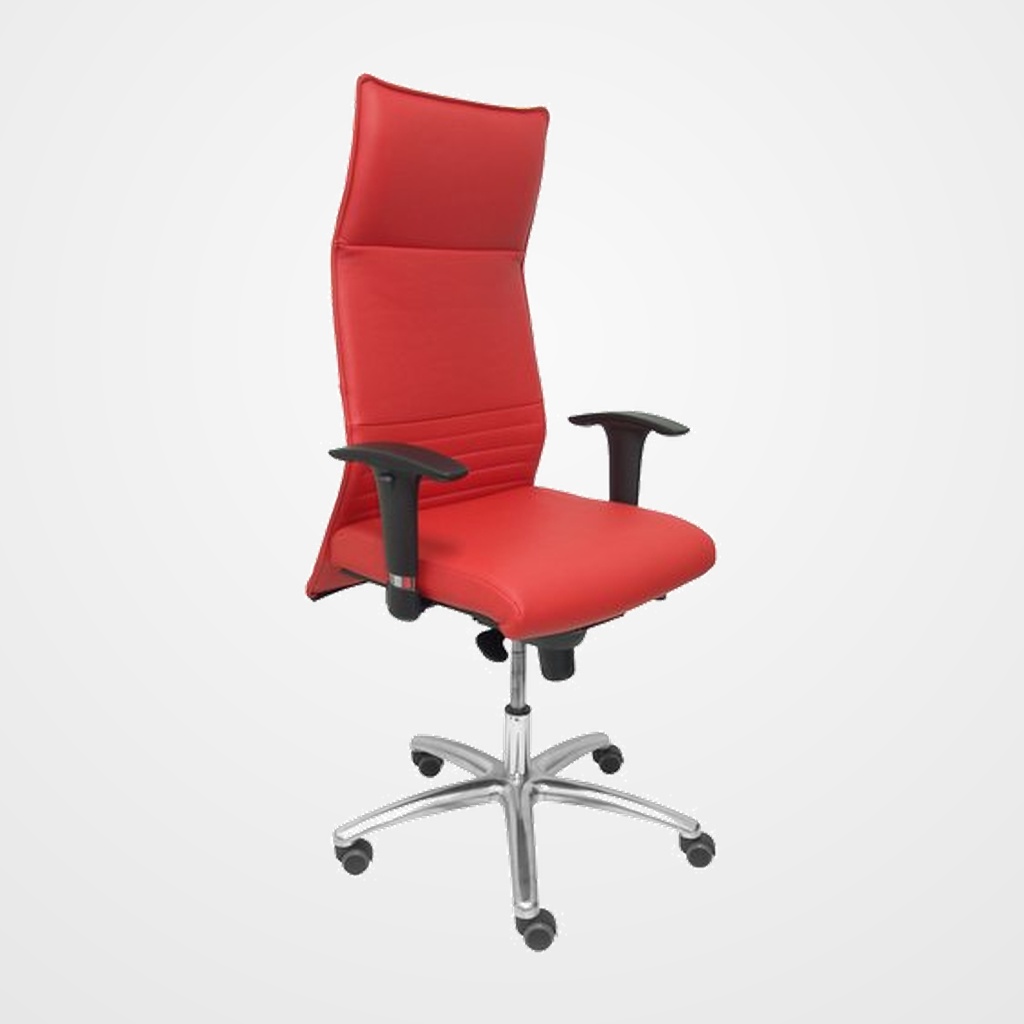 SILLON PIQUERAS Y CRESPO ALBACETE DIRECCION USO INTENSIVO (8H) BRAZOS REGULABLES MECANISMO SINCRO MULTIPOSICION ALTURA REGULABLE BASE CROMADA RUEDAS PARQUET ASIENTO Y RESPALDO TAPIZADO PIEL ROJO