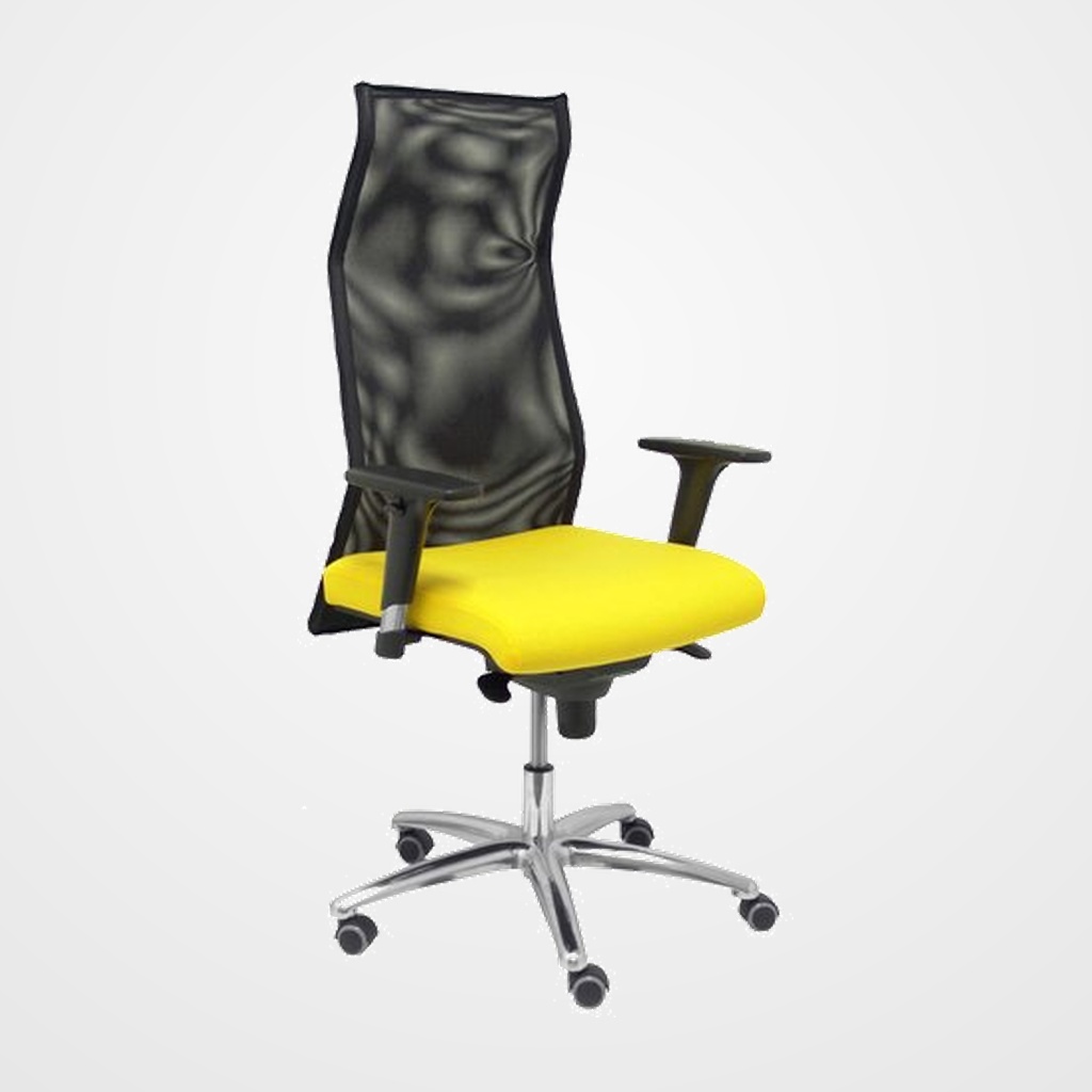 SILLON PIQUERAS Y CRESPO SAHUCO XL DIRECCION HASTA 160 Kg MECANISMO SINCRO BRAZOS REGULABLES EN ALTURA RESPALDO MALLA TRANSPIRABLE NEGRA ASIENTO A MEDIDA CON ESPUMA VISCOELASTICA Y TAPIZADO BALI AMARILLO