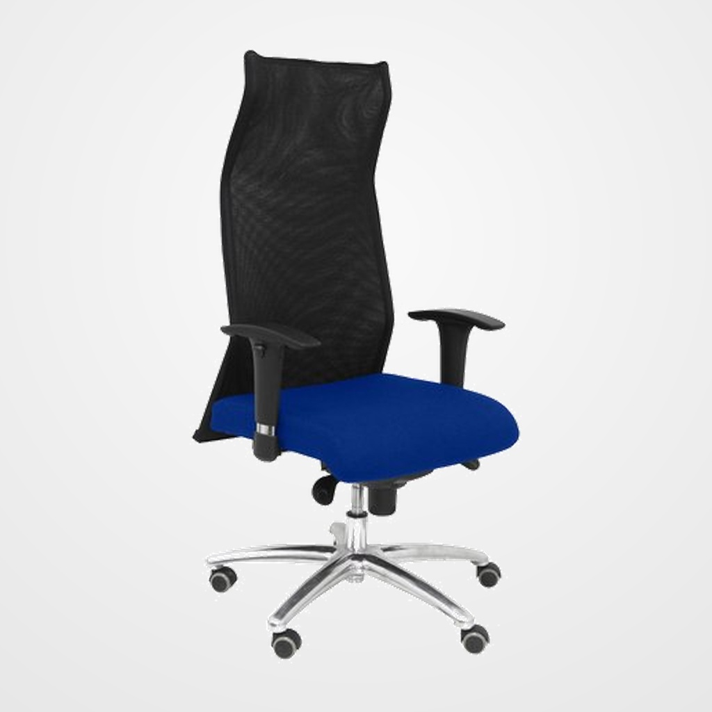 SILLON PIQUERAS Y CRESPO SAHUCO XL DIRECCION HASTA 160 Kg MECANISMO SINCRO BRAZOS REGULABLES EN ALTURA RESPALDO MALLA TRANSPIRABLE NEGRA ASIENTO A MEDIDA CON ESPUMA VISCOELASTICA Y TAPIZADO BALI AZUL