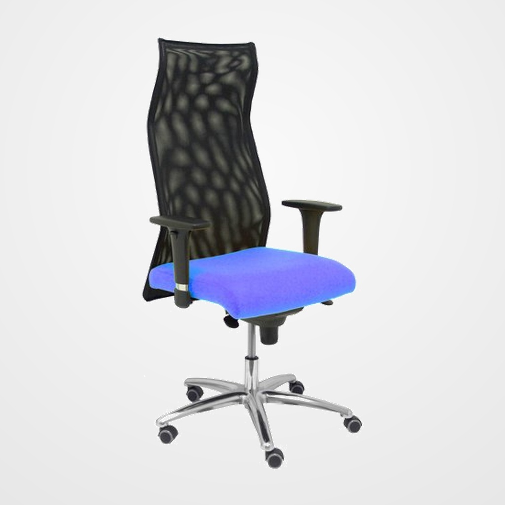 SILLON PIQUERAS Y CRESPO SAHUCO XL DIRECCION HASTA 160 Kg MECANISMO SINCRO BRAZOS REGULABLES EN ALTURA RESPALDO MALLA TRANSPIRABLE NEGRA ASIENTO A MEDIDA CON ESPUMA VISCOELASTICA Y TAPIZADO BALI AZUL CLARO