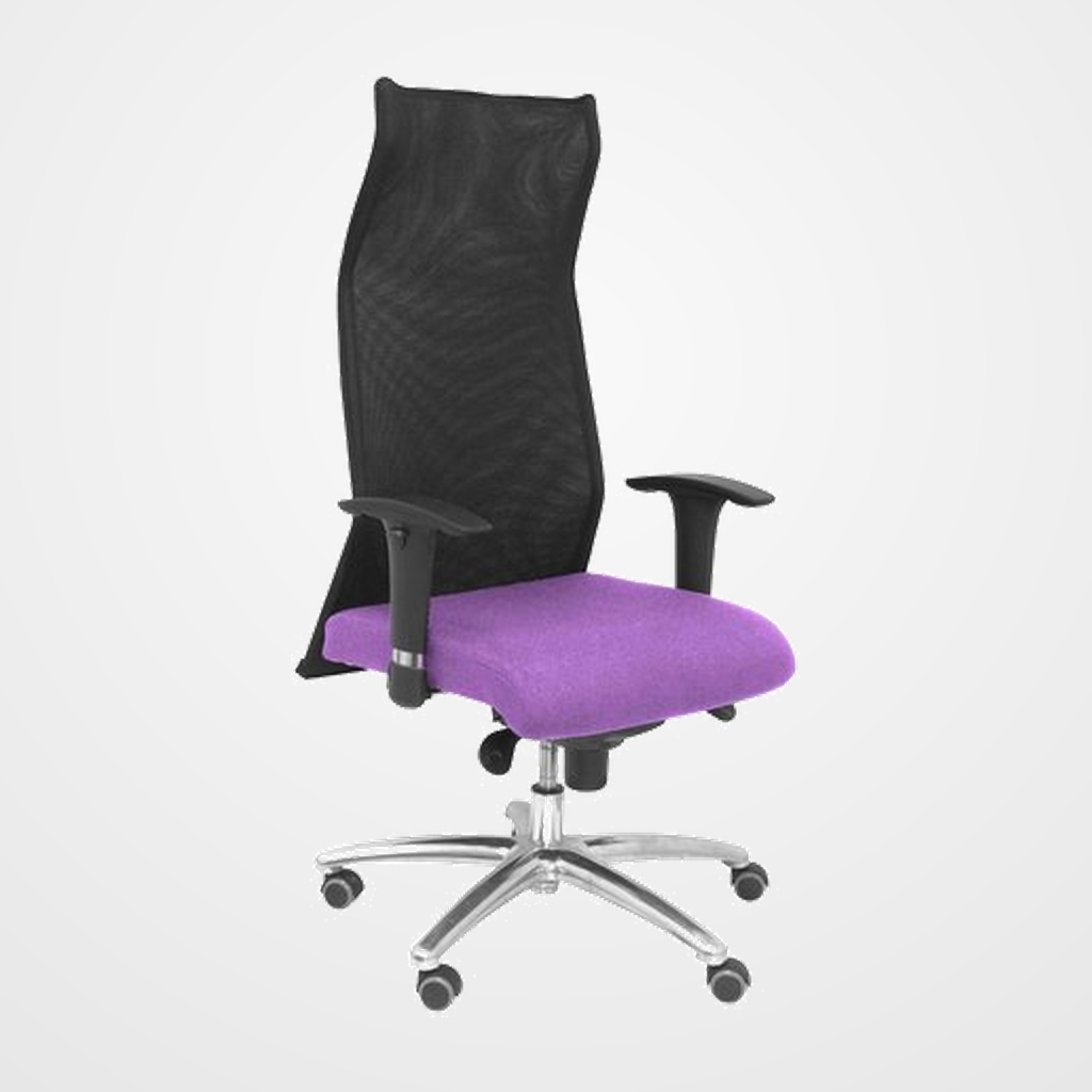 SILLON PIQUERAS Y CRESPO SAHUCO XL DIRECCION HASTA 160 Kg MECANISMO SINCRO BRAZOS REGULABLES EN ALTURA RESPALDO MALLA TRANSPIRABLE NEGRA ASIENTO A MEDIDA CON ESPUMA VISCOELASTICA Y TAPIZADO BALI LILA