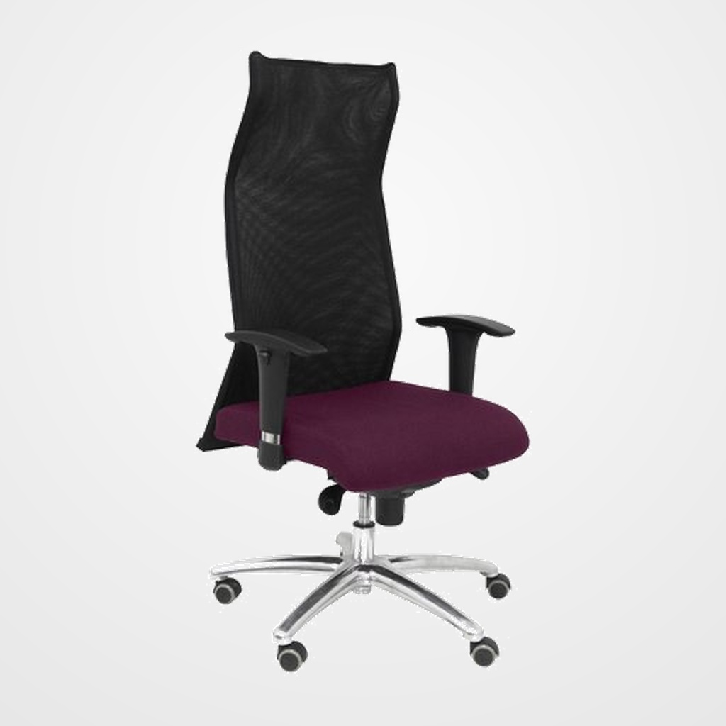 SILLON PIQUERAS Y CRESPO SAHUCO XL DIRECCION HASTA 160 Kg MECANISMO SINCRO BRAZOS REGULABLES EN ALTURA RESPALDO MALLA TRANSPIRABLE NEGRA ASIENTO A MEDIDA CON ESPUMA VISCOELASTICA Y TAPIZADO BALI MORADO