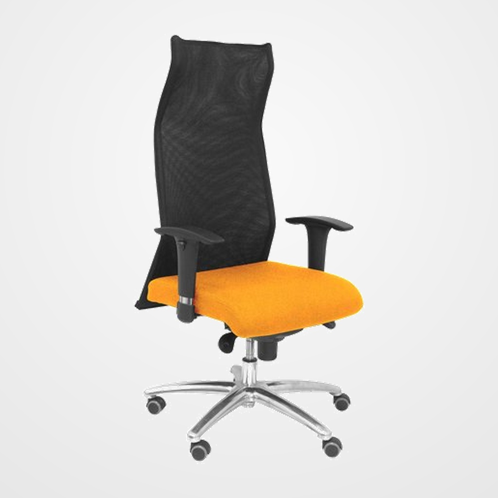 SILLON PIQUERAS Y CRESPO SAHUCO XL DIRECCION HASTA 160 Kg MECANISMO SINCRO BRAZOS REGULABLES EN ALTURA RESPALDO MALLA TRANSPIRABLE NEGRA ASIENTO A MEDIDA CON ESPUMA VISCOELASTICA Y TAPIZADO BALI NARANJA