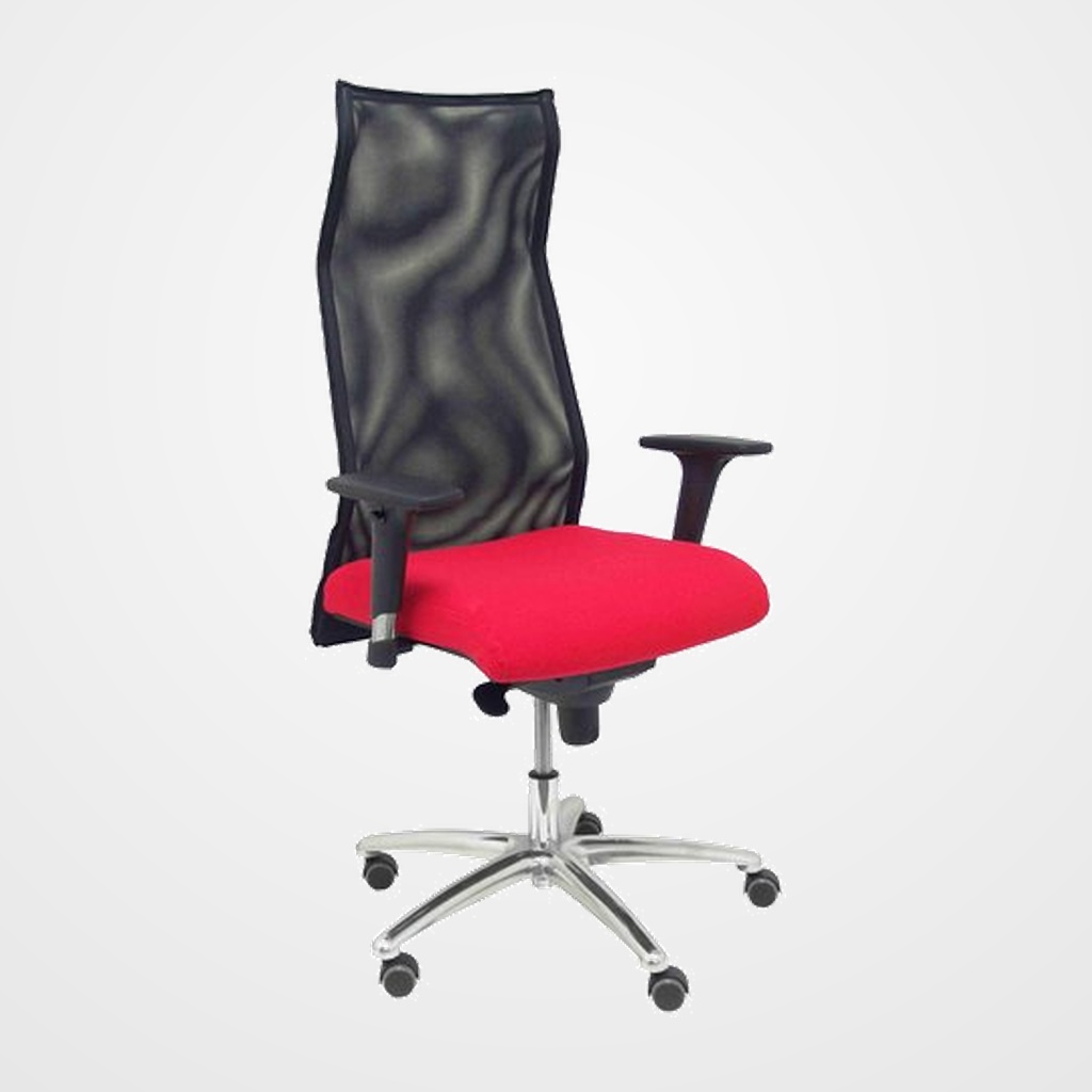 SILLON PIQUERAS Y CRESPO SAHUCO XL DIRECCION HASTA 160 Kg MECANISMO SINCRO BRAZOS REGULABLES EN ALTURA RESPALDO MALLA TRANSPIRABLE NEGRA ASIENTO A MEDIDA CON ESPUMA VISCOELASTICA Y TAPIZADO BALI ROJO