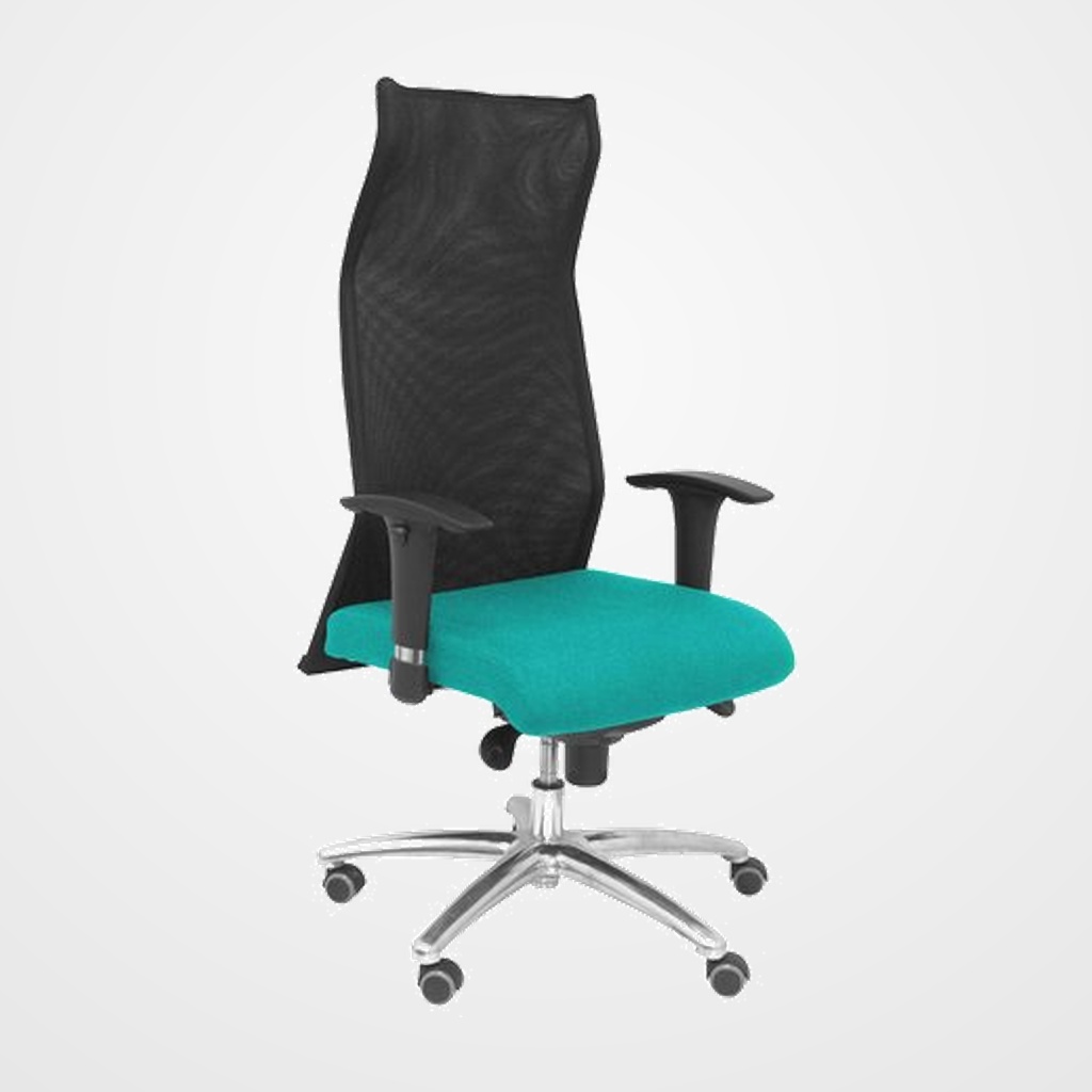 SILLON PIQUERAS Y CRESPO SAHUCO XL DIRECCION HASTA 160 Kg MECANISMO SINCRO BRAZOS REGULABLES EN ALTURA RESPALDO MALLA TRANSPIRABLE NEGRA ASIENTO A MEDIDA CON ESPUMA VISCOELASTICA Y TAPIZADO BALI VERDE TURQUESA